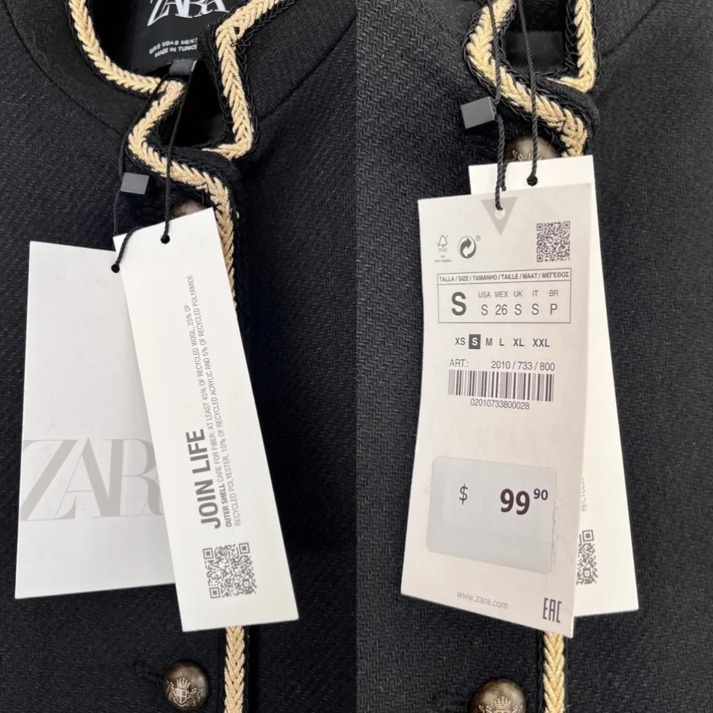 SOLD🥤 Zara Woman Textured Cropped Wool Blend Jacket Black Gold Buttons S NWT - Picture 9 of 16